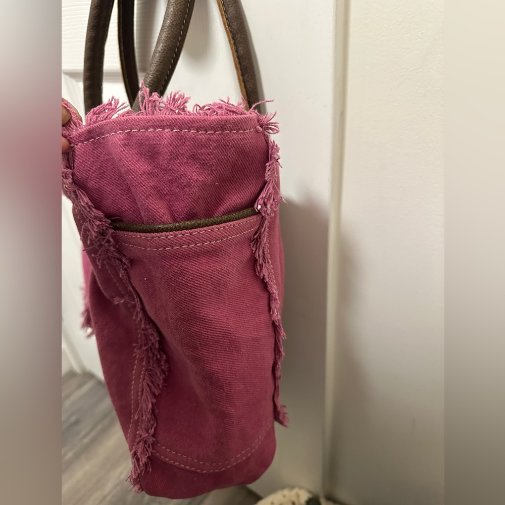 Pink Canvas Tote Bag with Brown Handles - Picture 3 of 4